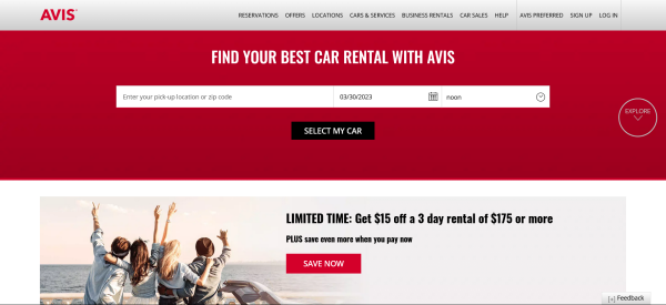 Screenshot Website Avis Car Rental