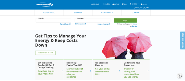 Screenshot Website Consumers Energy