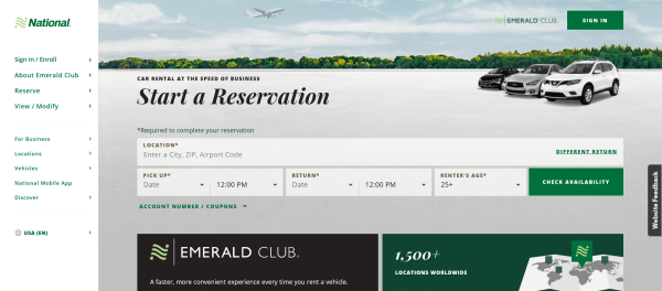 Screenshot Website National Car Rental