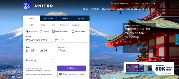 Screenshot Website United Airlines